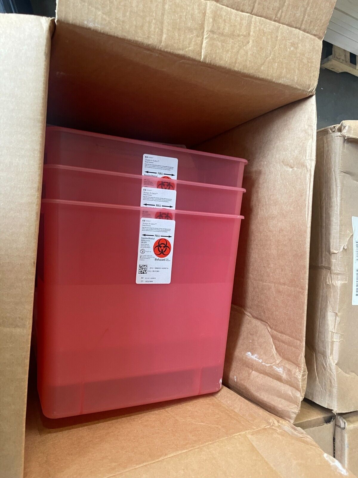 3 PACK - COVIDIEN Sharps Gatorguard Container: 3 gal Capacity, Red, Auto Drop - Northside Material Brokers