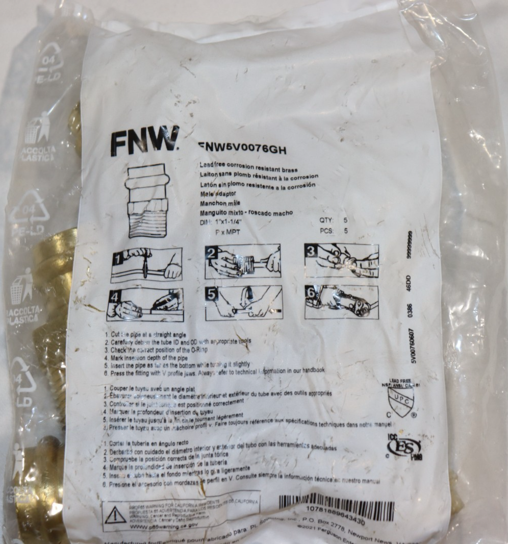 5 PACK - FNW5V0076GH 1" X 1-1/4" Copper Press x MPT Brass Adapter, FNW - Northside Material Brokers