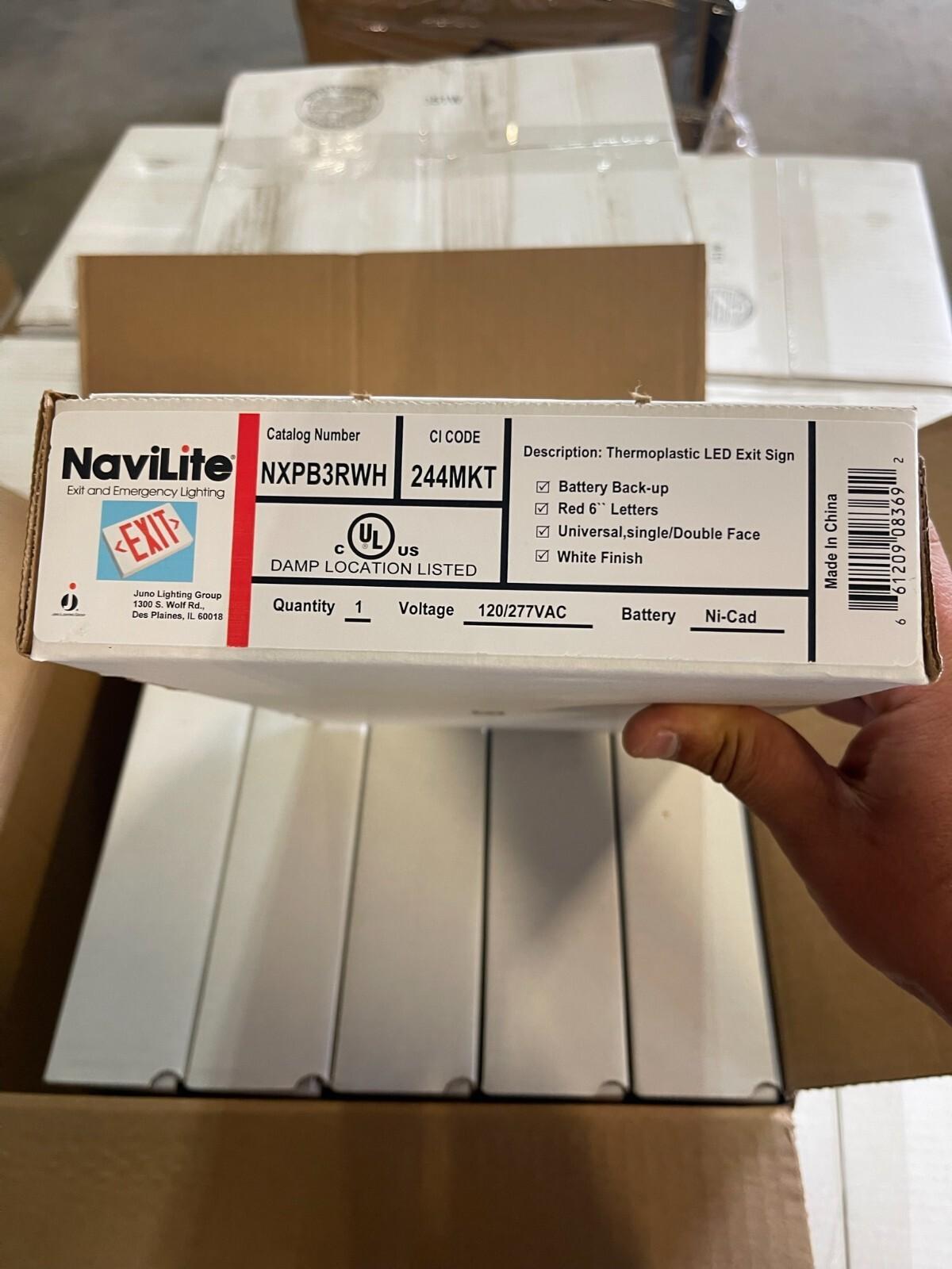 6 Pack - Navilite NXPB3RWH Exit Light, 120/277 Volt, LED, Universal Mount, NIB - Northside Material Brokers