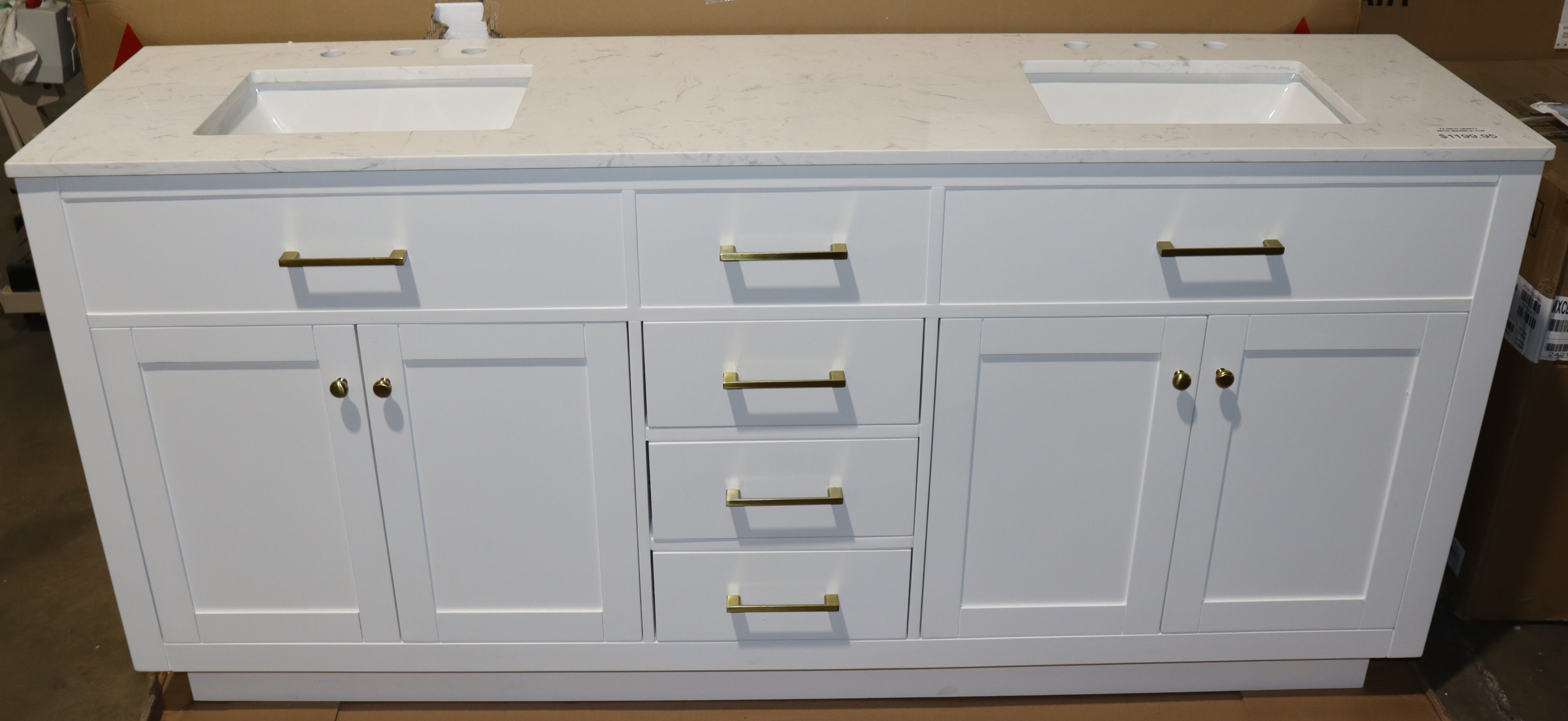 72" x 19"  Double Bowl Shaker Style Prefinished White Vanity Cabinet w/ Marble Top