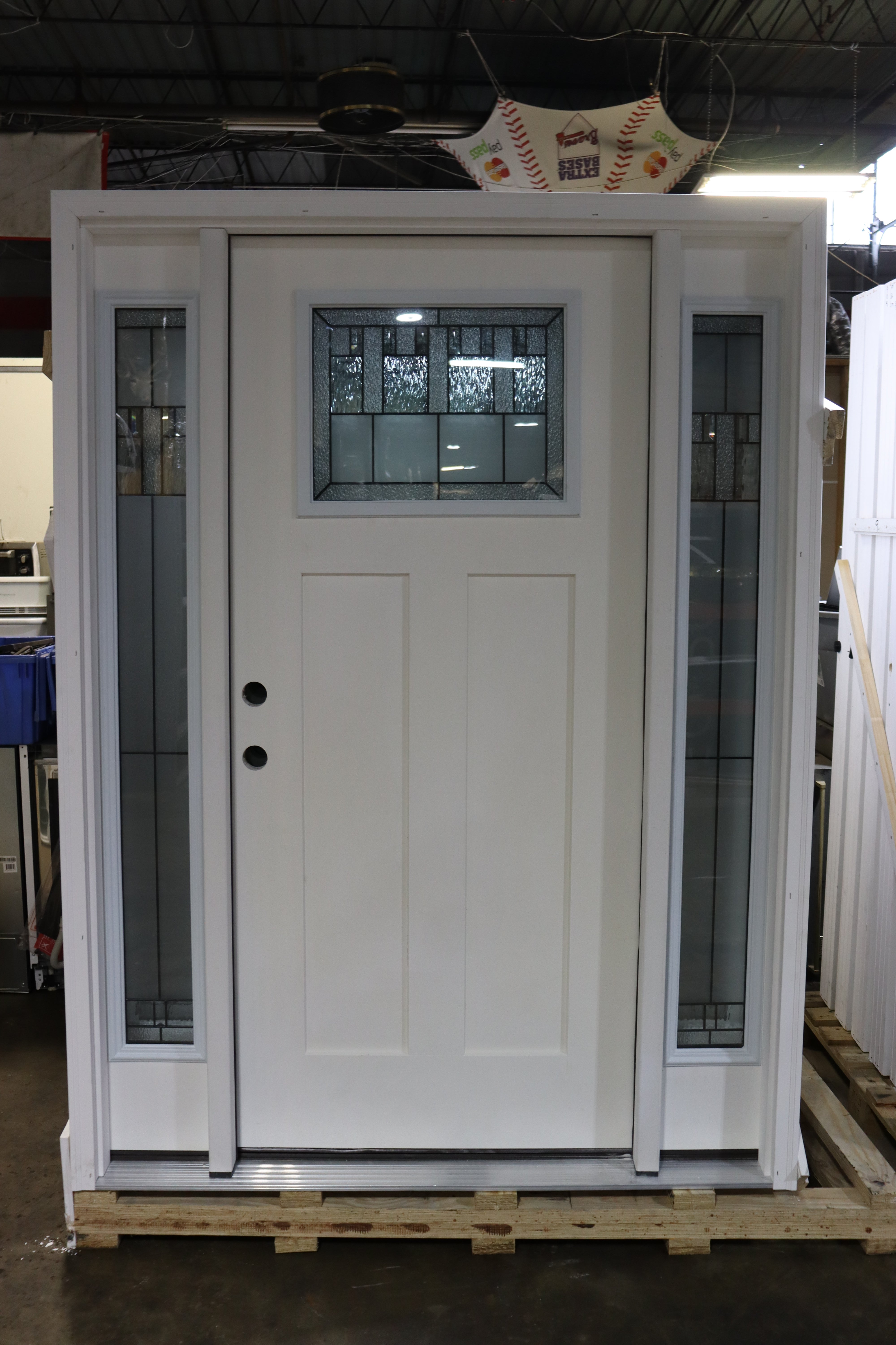 Exterior Front Entry Craftsman Decorative Door 36 Inch with 10 Inch Side Lites in Frame Fiberglass