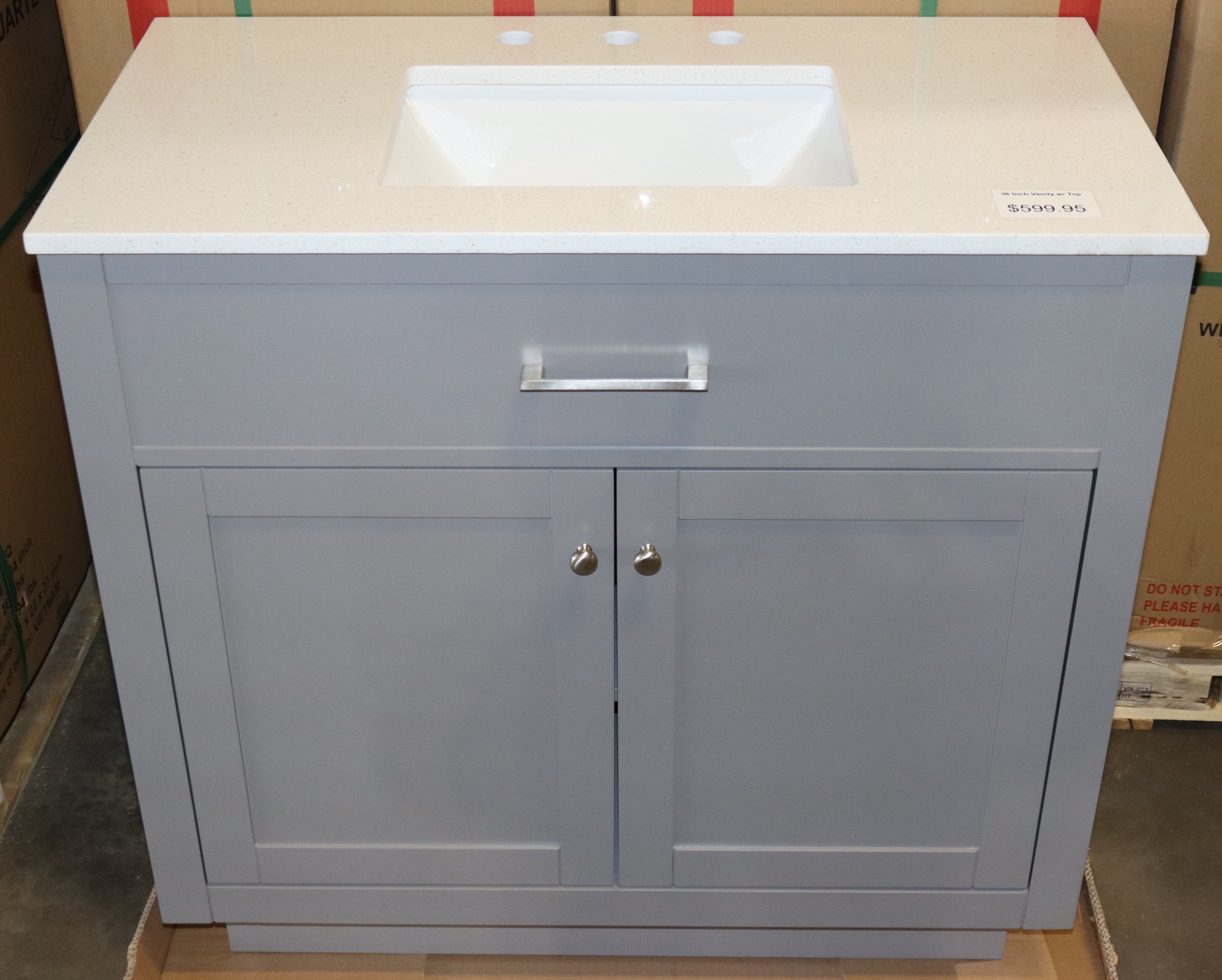 36" x 19" Shaker Style Prefinished Gray Vanity Cabinet w/ Marble Top