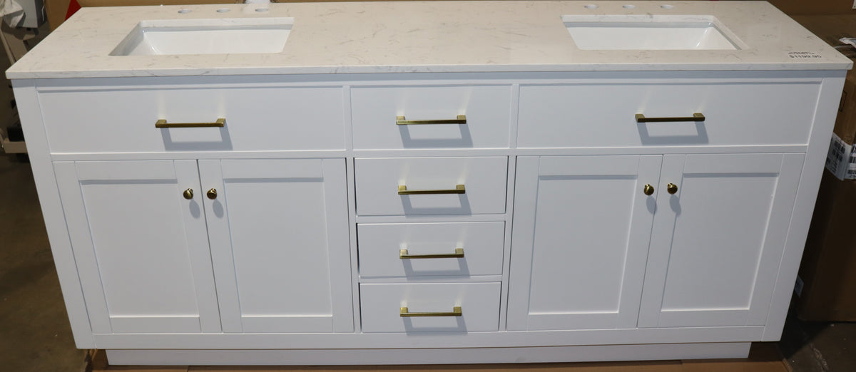 72" x 19"  Double Bowl Shaker Style Prefinished White Vanity Cabinet w/ Quartz Top