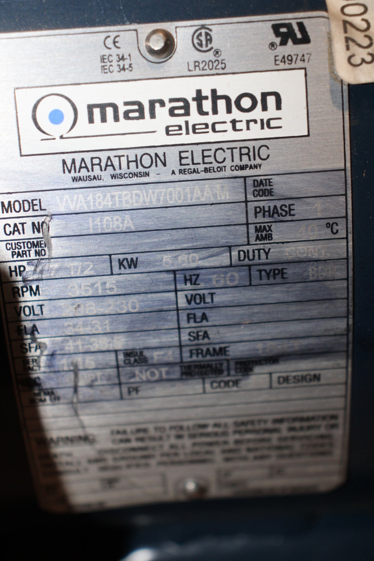 MARATHON WA184TBDW7001AAM General Purpose Motor
