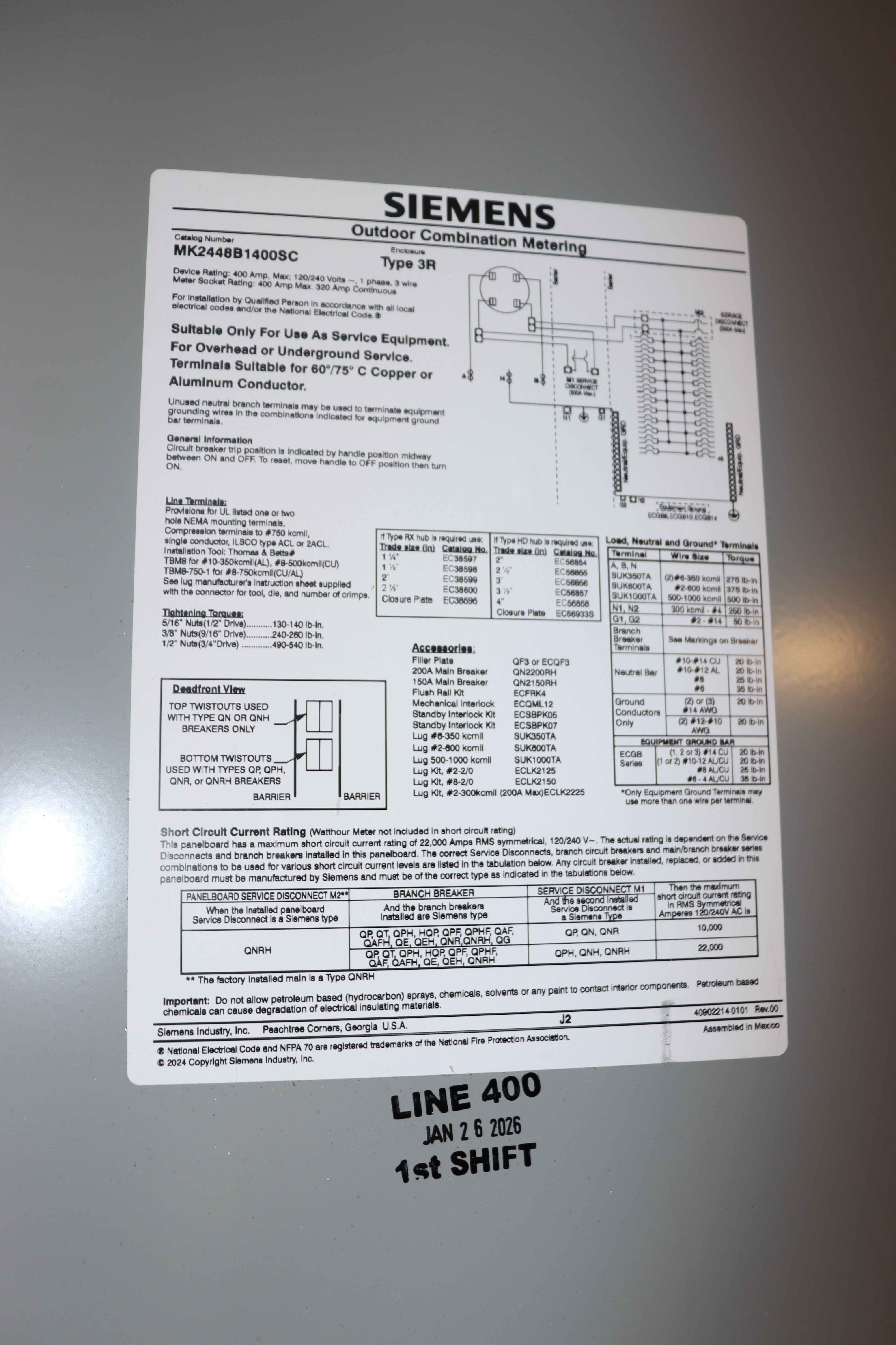 SIEMENS 400 AMP Meter & Electrical Panel MK2448B1400SCS
