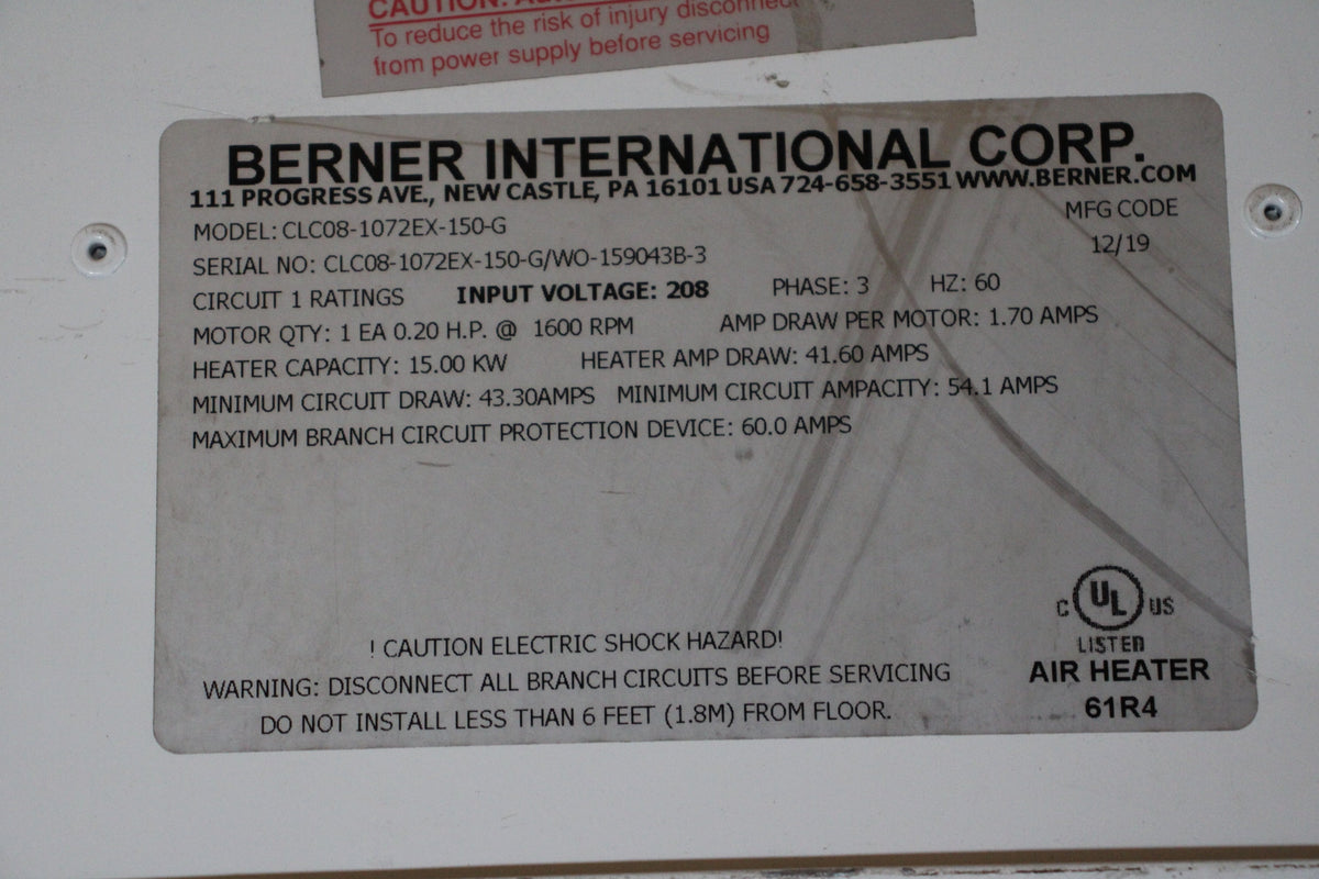 Berner CLC08-1072EX-150-G ELECTRIC HEATED AIR CURTAIN, SCRATCH & DENT