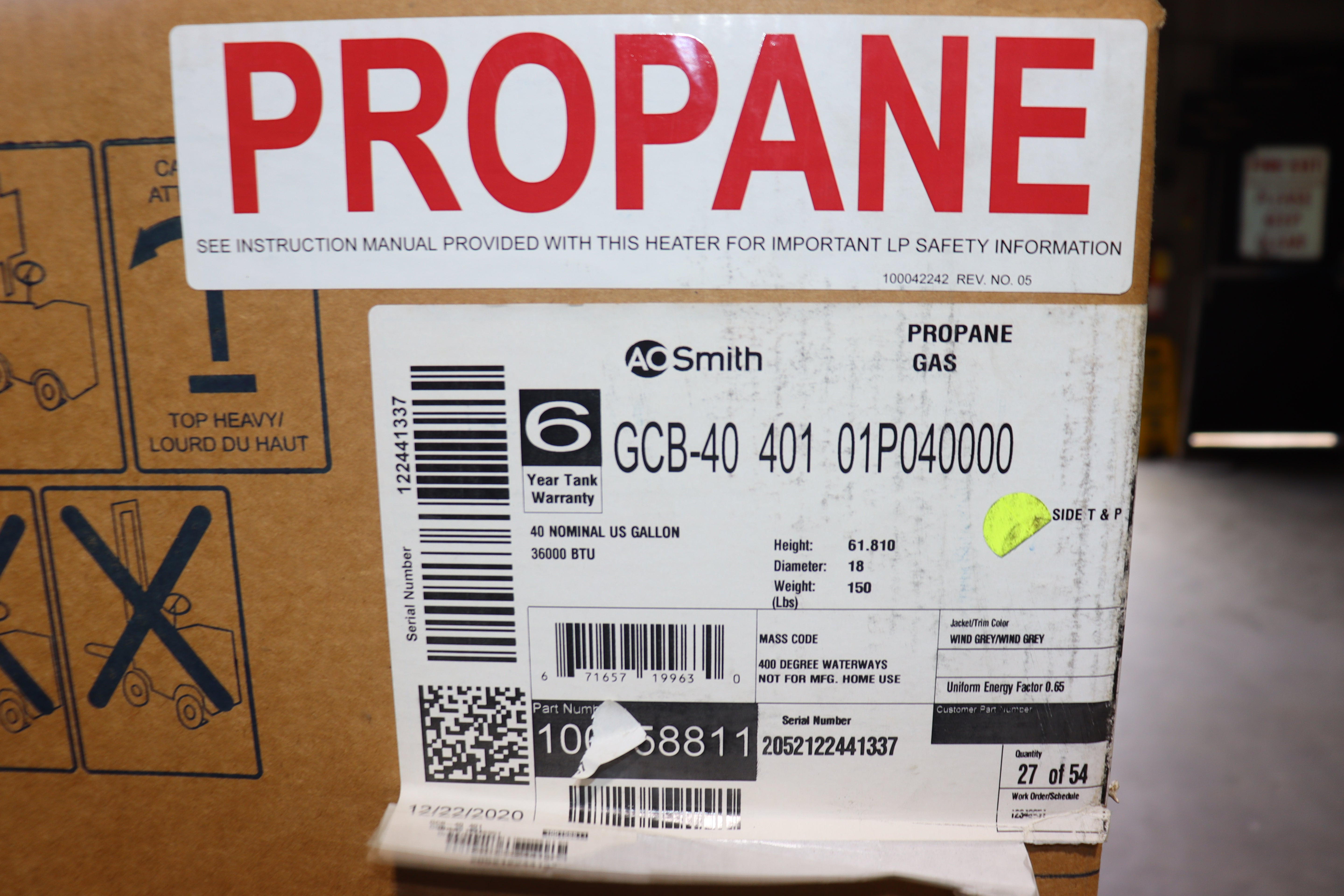 AO Smith 40-Gallon Tall Liquid Propane Gas Water Heater, GCB-40 401