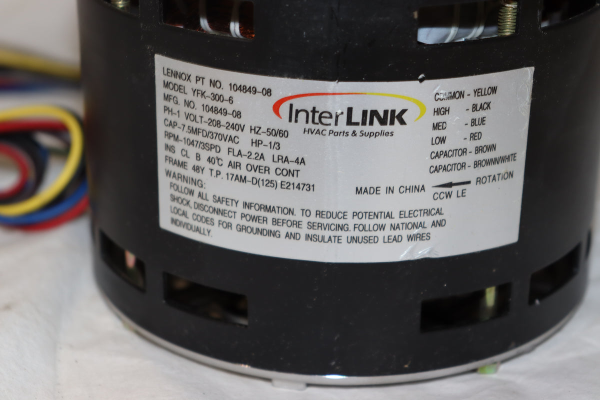 Lennox 104849-08, Blower Motor, 1/2 HP, 208/240V-1Ph, 48Y Frame, 1047 RPM