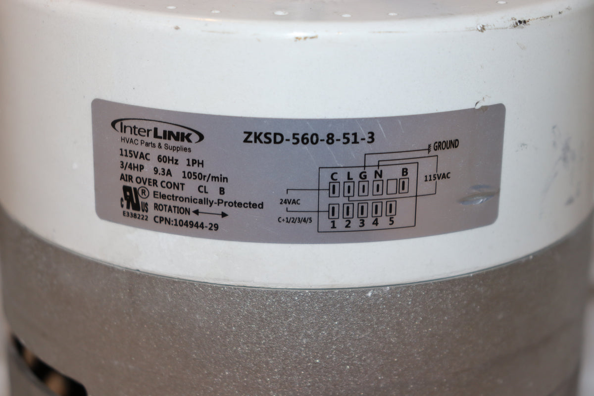 InterLink ZKSD-560-8-51-3 Furnace Blower Motor, 3/4HP, 115V, 1PH, 1050RPM