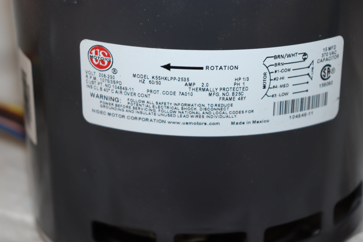 US Motors K55HXLPP-2535 Replacement Motor, 208/230V, 1/3HP, 48Y, 1PH