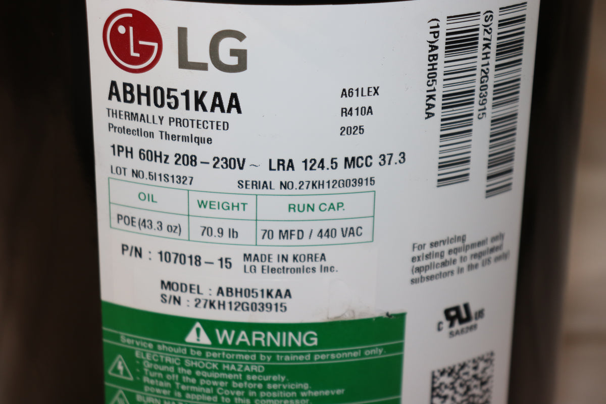 LG Scroll Compressor ABH051KAA R410-A, 208/230V, 1PH, 5 Ton