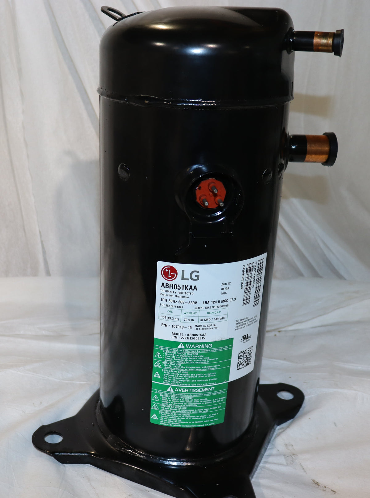 LG Scroll Compressor ABH051KAA R410-A, 208/230V, 1PH, 5 Ton