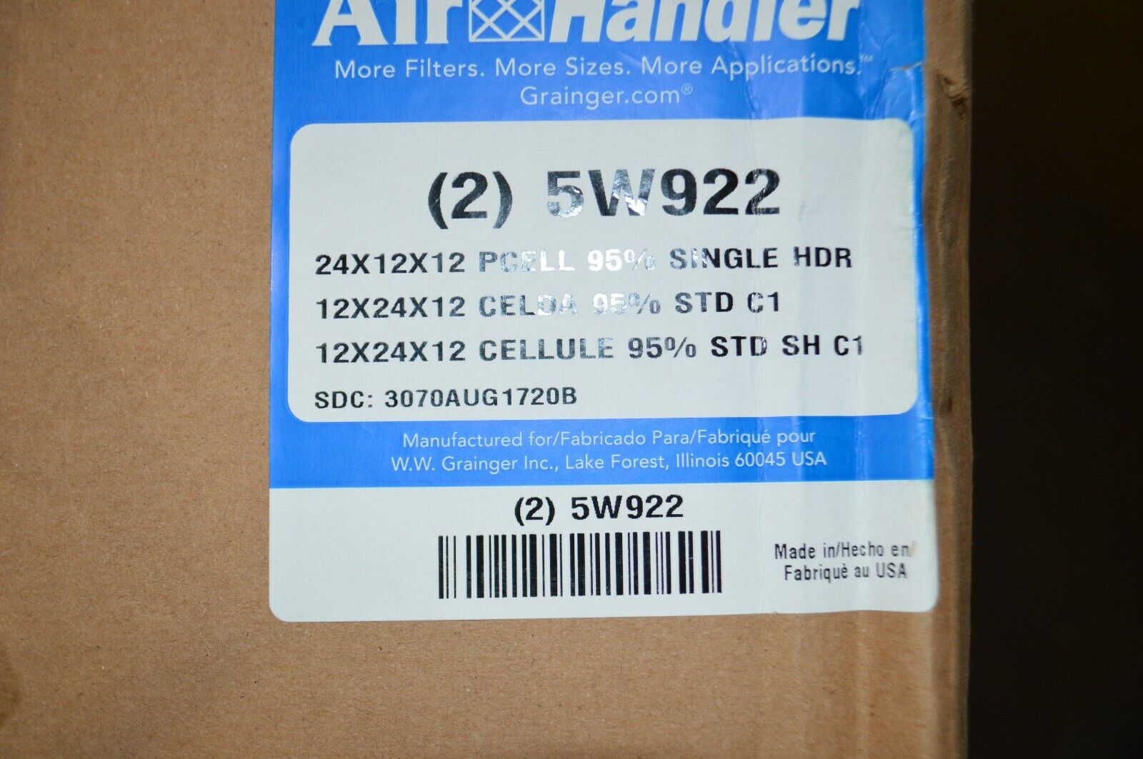 AIR HANDLER Cartridge Air Filter, Model 5W922, Box of 2 - Northside Material Brokers