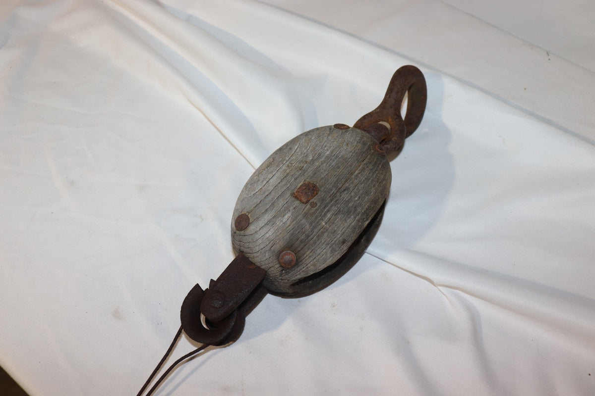 Antique Single Wood Block Pulley Rigging, Fair Condition for Age, Make Unknown - Northside Material Brokers