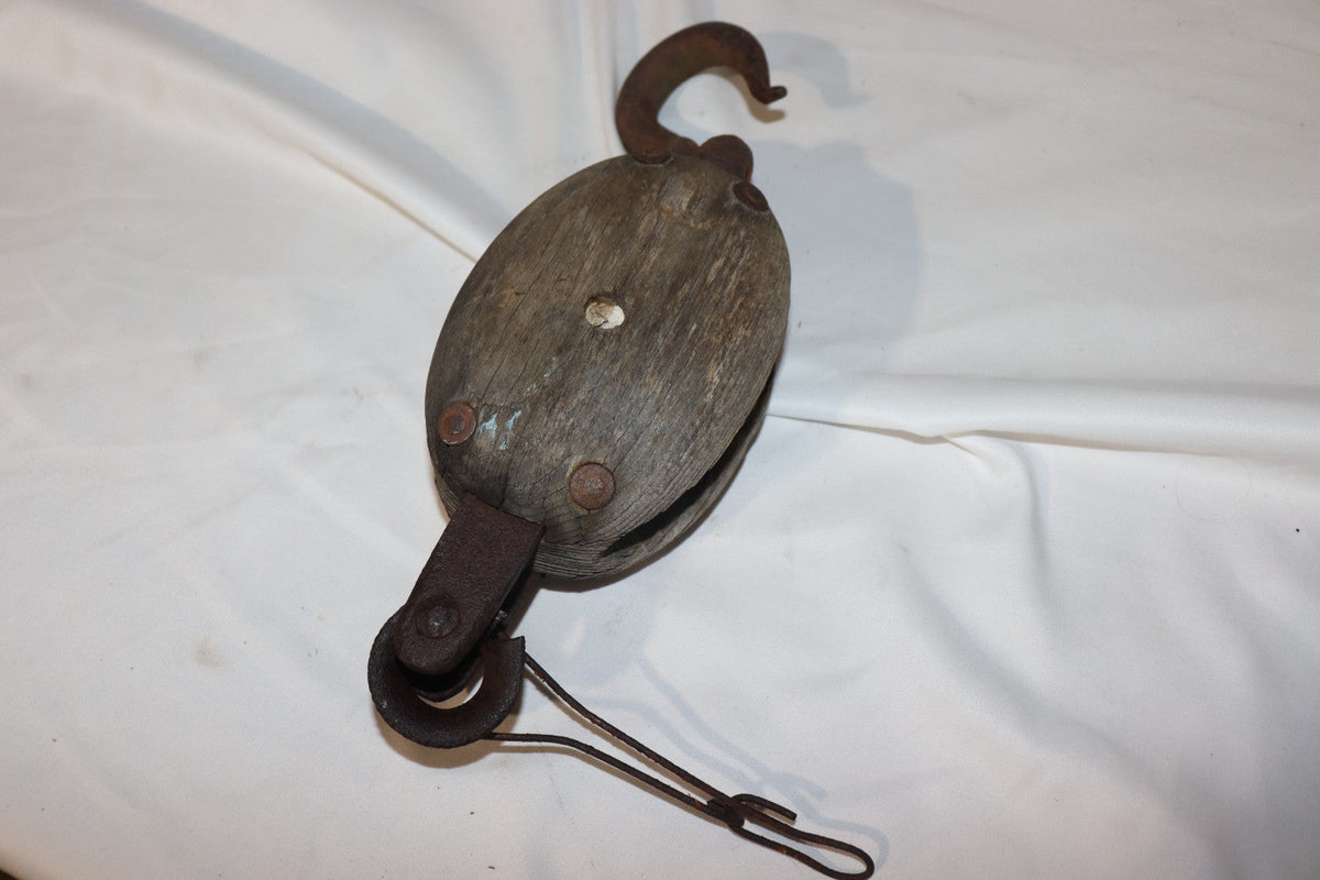 Antique Single Wood Block Pulley Rigging, Fair Condition for Age, Make Unknown - Northside Material Brokers