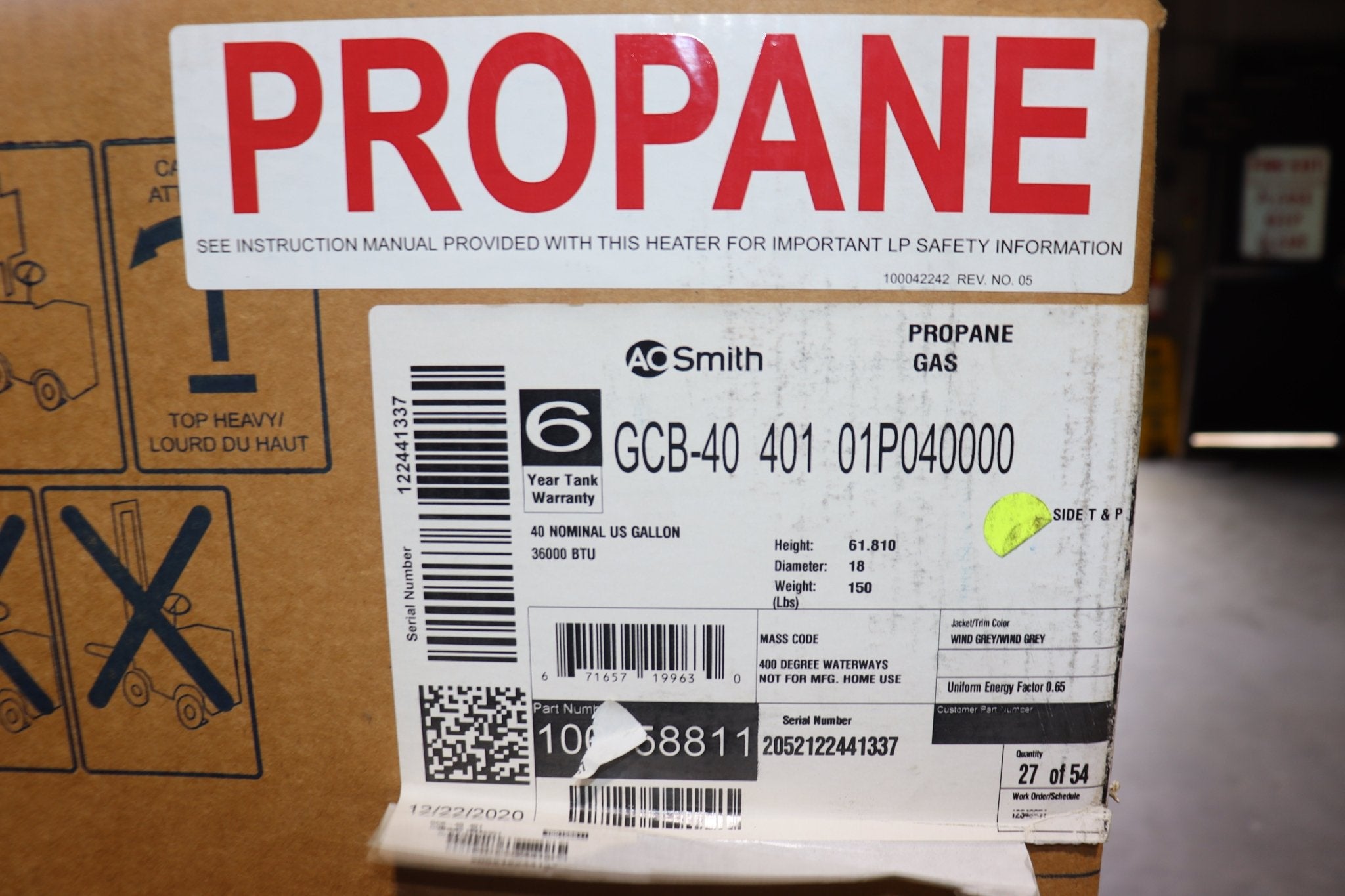 AO Smith 40-Gallon Tall Liquid Propane Gas Water Heater, GCB-40 401 - Northside Material Brokers