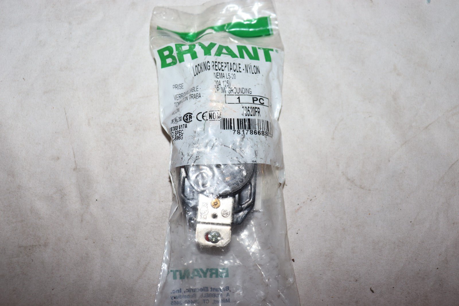 Bryant L5-20 20A 125V Locking Receptacle 71520FR, 20 A, 250V AC, Black, 3 Poles - Northside Material Brokers