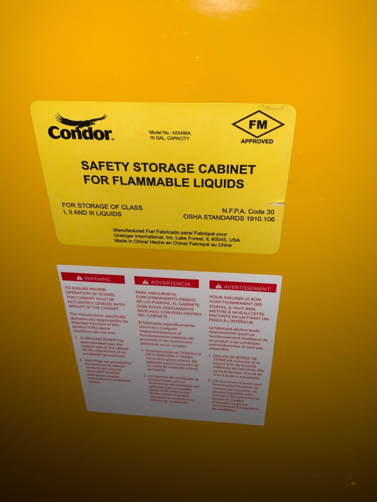 Condor Flammables Safety Cabinet Std Slimline, 16 gal, Yellow, 42X496A - Northside Material Brokers