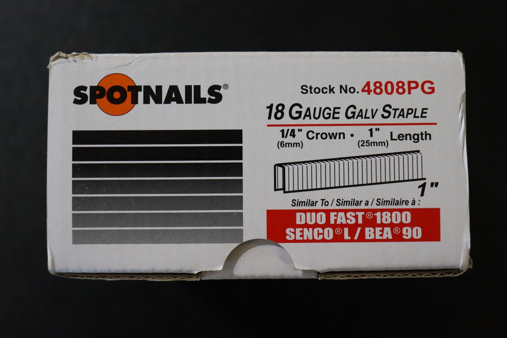 Crown Staples SpotNails 4808PG 1/4 Inch x 1 Inch 18 Guage BOX OF 5000 - Northside Material Brokers
