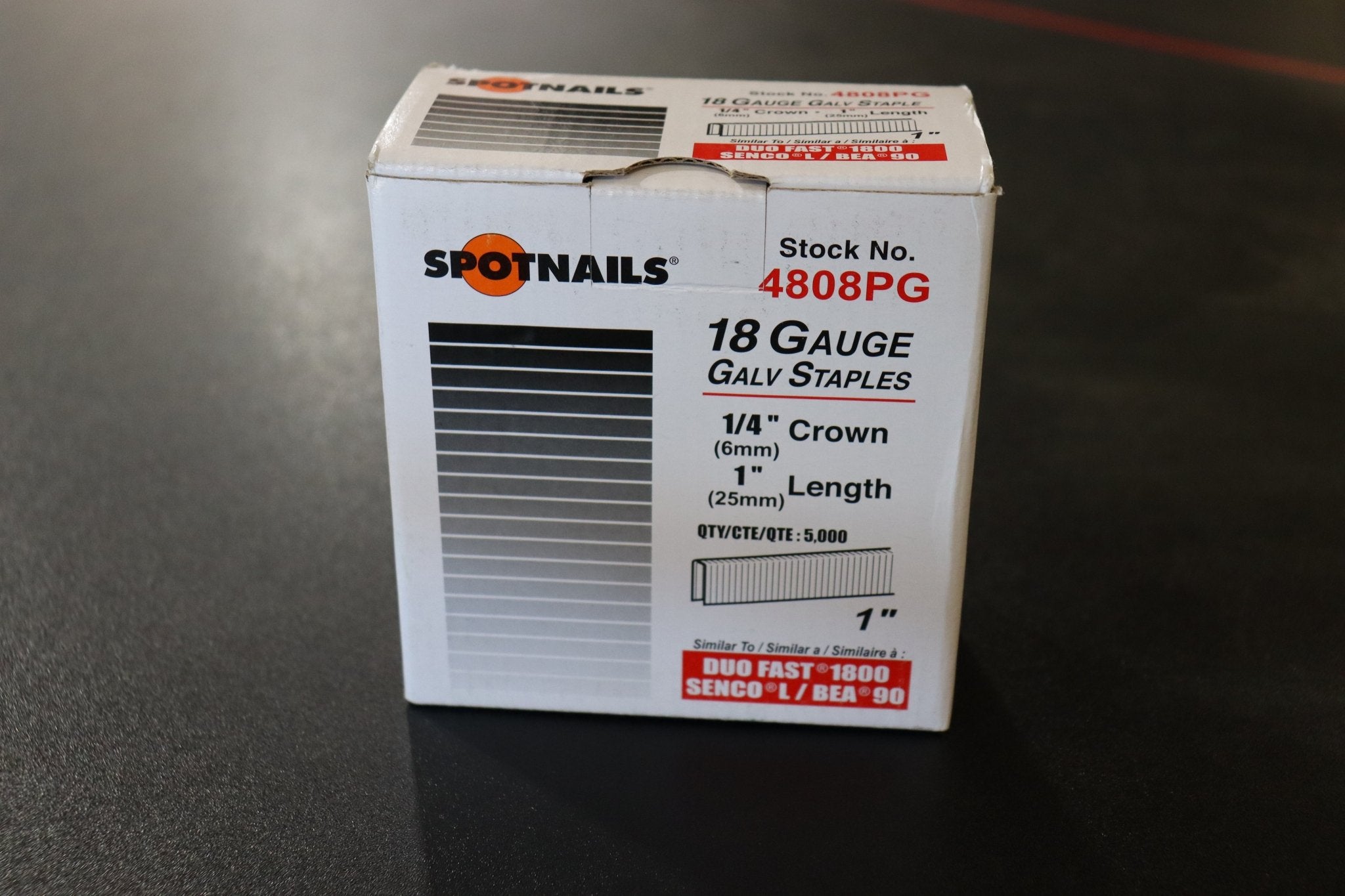 Crown Staples SpotNails 4808PG 1/4 Inch x 1 Inch 18 Guage BOX OF 5000 - Northside Material Brokers