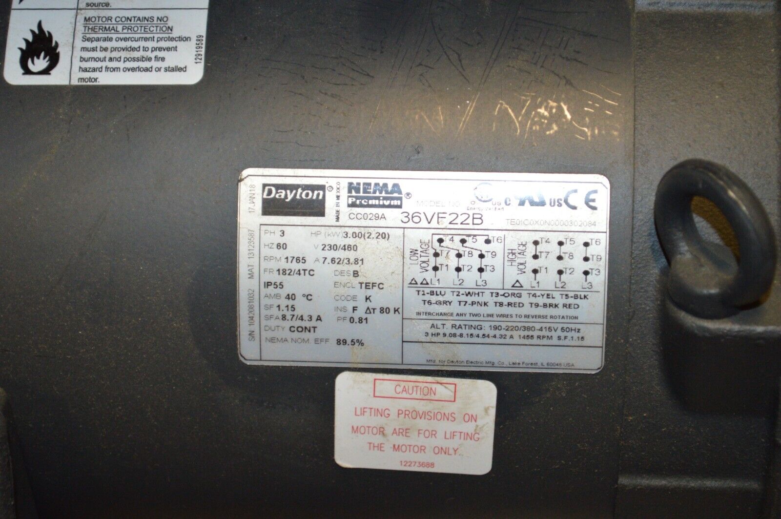 DAYTON General Purpose Motor: Totally Enclosed Fan-Cooled 3 HP, 36VF22B - Northside Material Brokers
