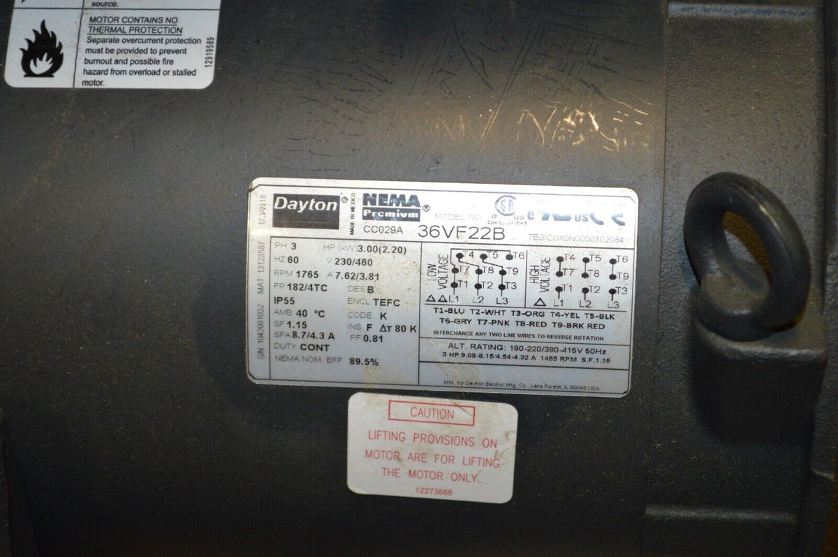 DAYTON General Purpose Motor: Totally Enclosed Fan-Cooled 3 HP, 36VF22B - Northside Material Brokers