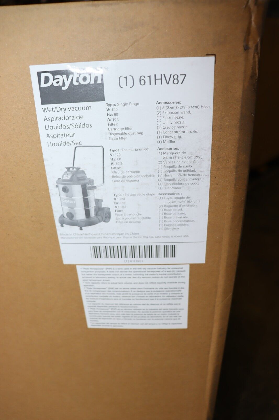 DAYTON Shop Vacuum: 16 gal Tank Size, Stainless Steel, 61HV87 - Northside Material Brokers
