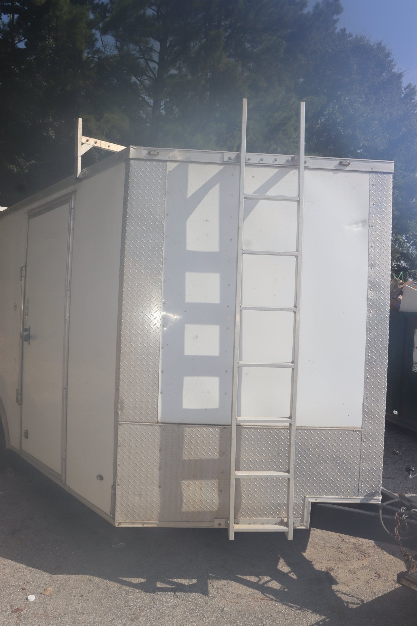 Enclosed Construction Trailer, 8.5' x 16' w/ Roof Rack & Ladder, White, Hinged Doors - Northside Material Brokers