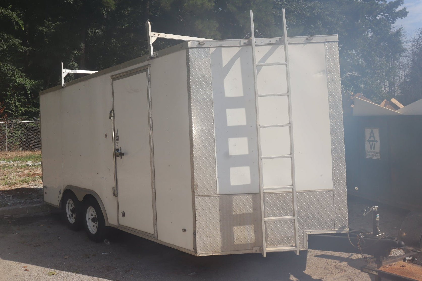 Enclosed Construction Trailer, 8.5' x 16' w/ Roof Rack & Ladder, White, Hinged Doors - Northside Material Brokers