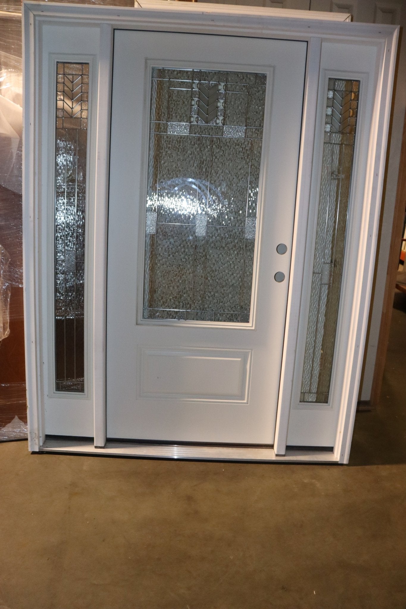 Exterior Front Entry Decorative Glass Door 36 Inch with 10 Inch Side Lites in Frame, Fiberglass - Northside Material Brokers
