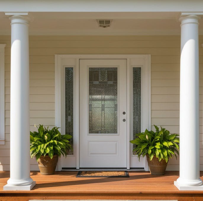 Exterior Front Entry Decorative Glass Door 36 Inch with 10 Inch Side Lites in Frame, Fiberglass - Northside Material Brokers