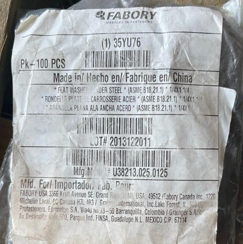 Fender Washer: For Screw Size 1/4 in Steel Grade 2, Zinc Plated, .281", 100 pack - Northside Material Brokers
