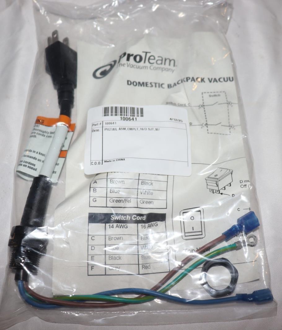 Genuine OEM - 100641 Power Cord Replacement Parts for Proteam Backpack Vacuum - Northside Material Brokers
