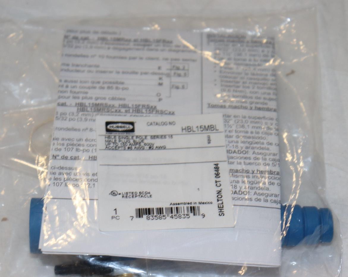 Hubbell HBL15MBL Connector Single Pole Series 15 Male Plug BLUE, 150A, 600V, 8-2 - Northside Material Brokers
