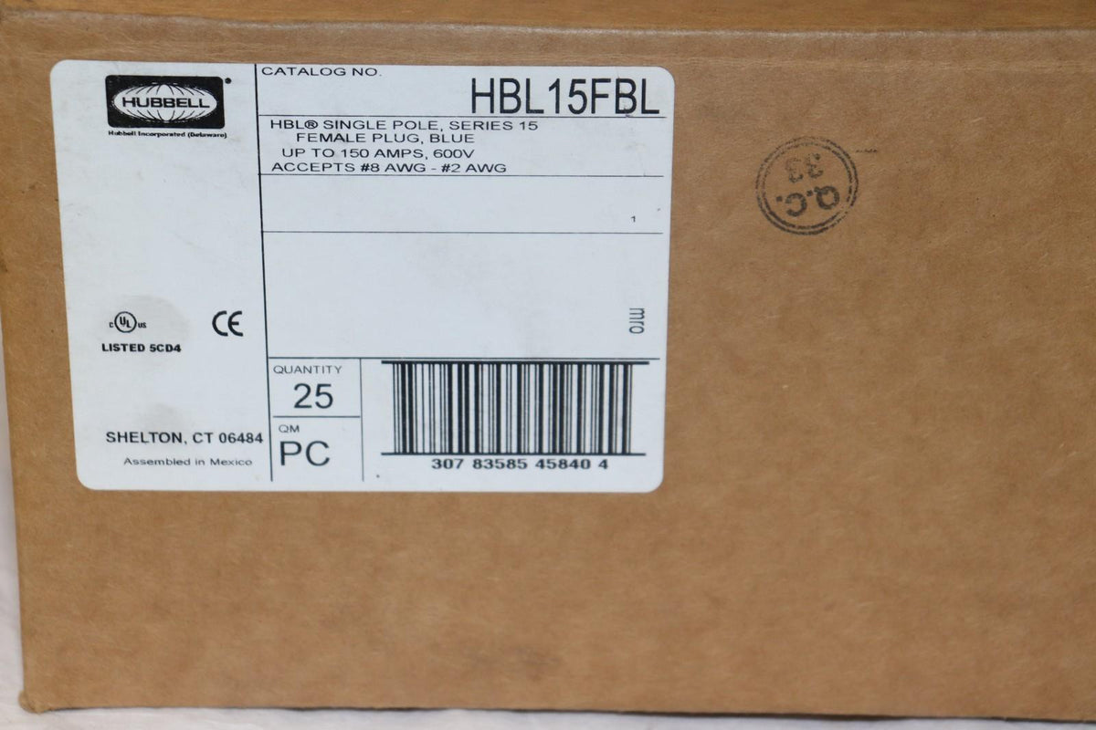 Hubble Single Pole Products, FEMALE Plug, 150 Amp Series, BLUE, HBL15FBL, 600V - Northside Material Brokers