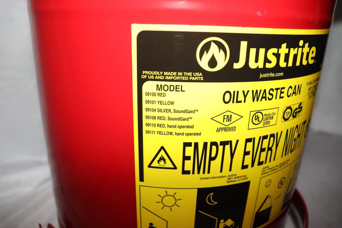 Justrite 09100 Oily Waste Can, 6 Gallon Capacity, Galvanized Steel, Red, Foot - Northside Material Brokers