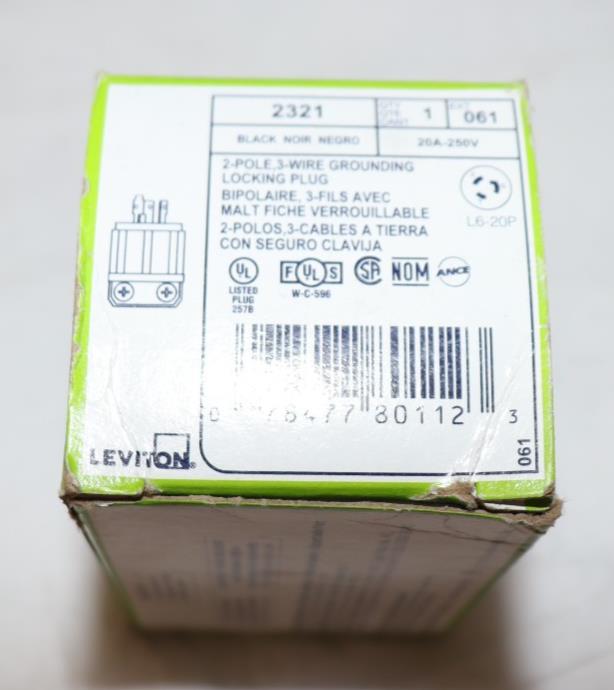 Leviton 2321 L6-20P Locking Plug 20A 250V Nylon Grounding - Northside Material Brokers