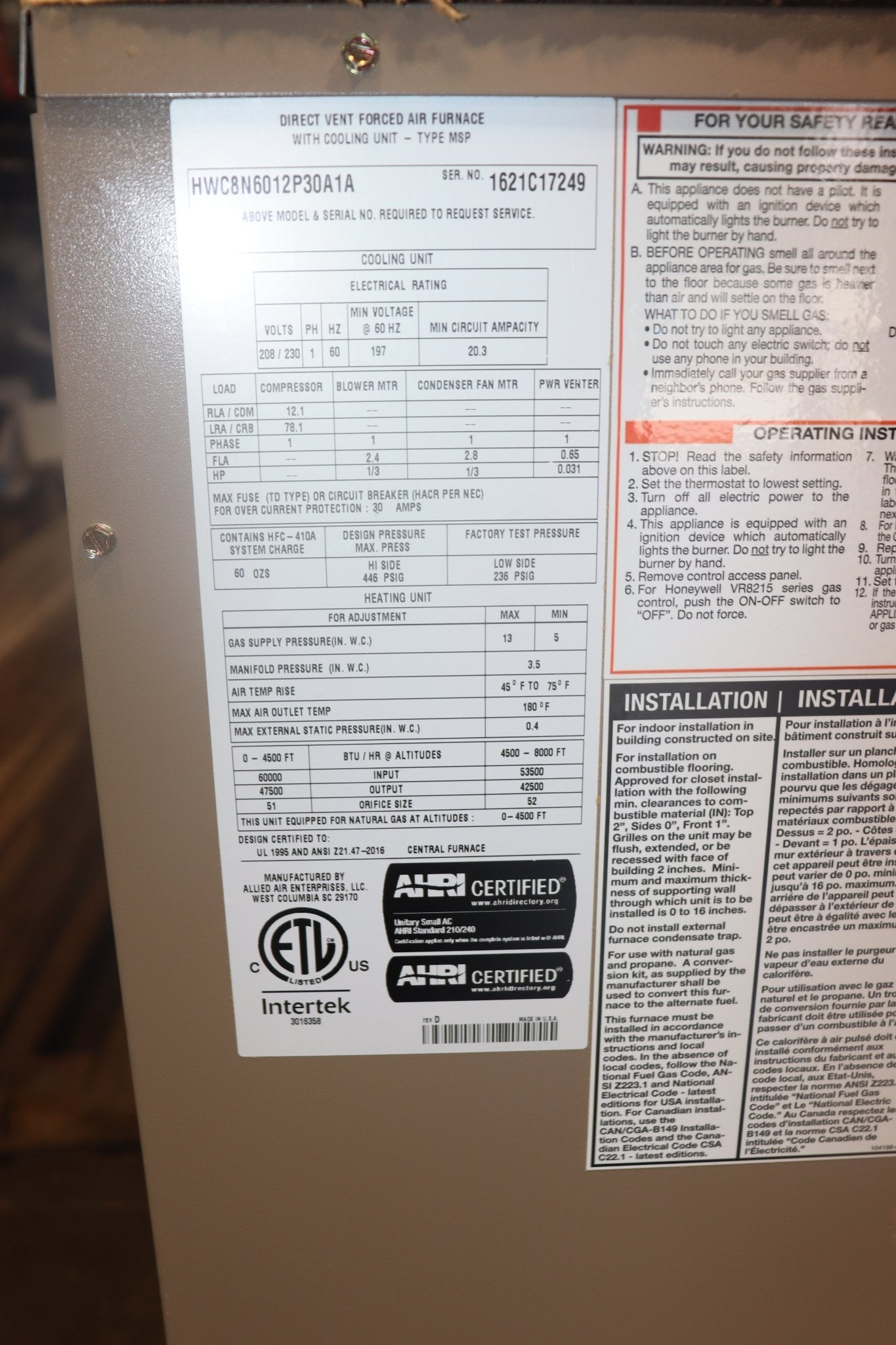 Magic-Pak HWC8N6012P30A1 Packaging Vertical Unit 60K Heat / 30K Cooling - Northside Material Brokers