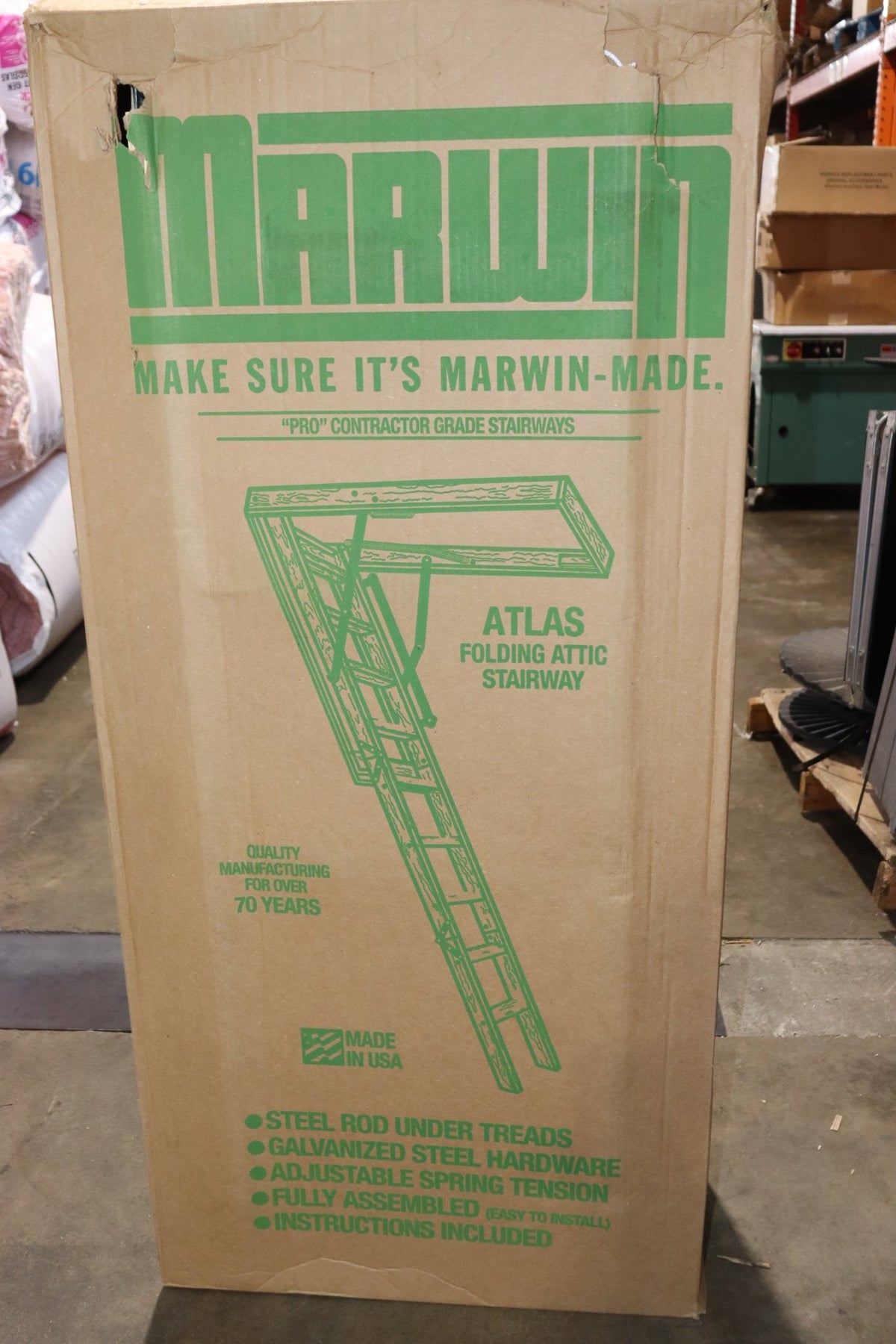 Marwin A-101 Attic Ladder, 10 ft H Ceiling, 25-1/2 x 54 in Opening, 250 lb - Northside Material Brokers
