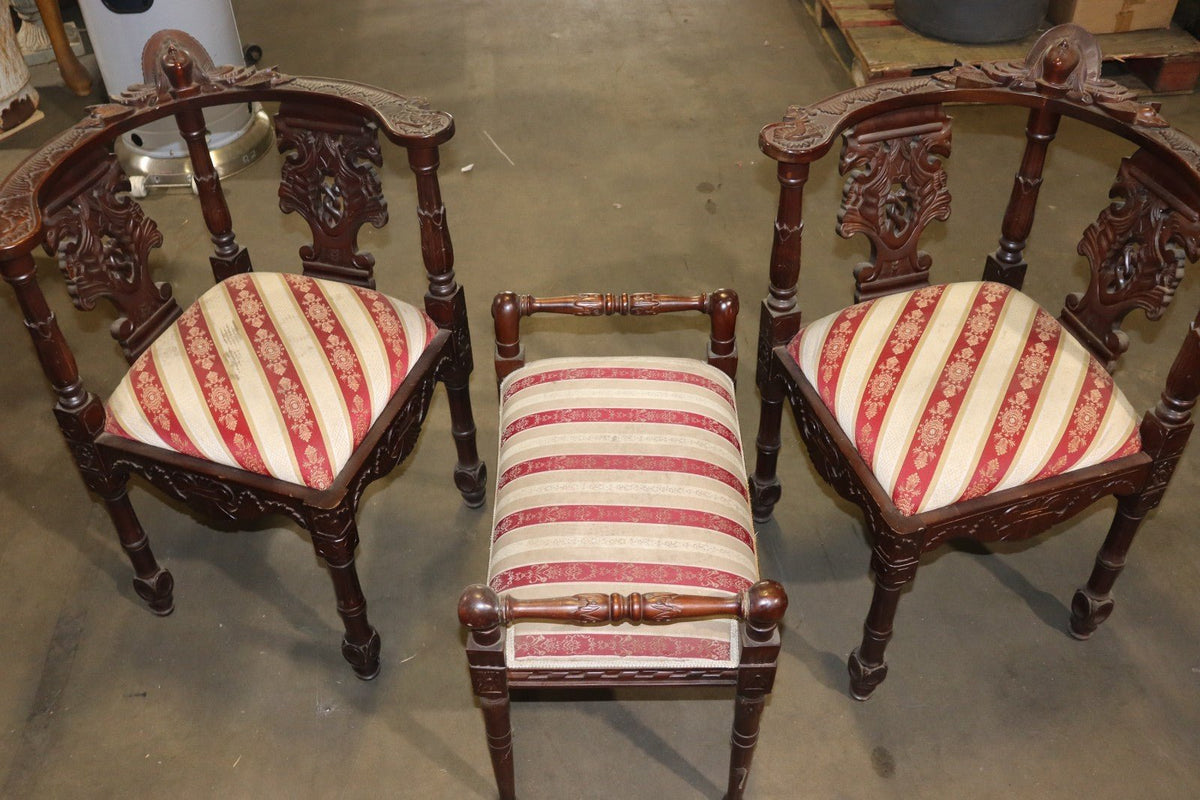 Matching Set - Renaissance Style Mahogany Corner Chair Side Chair w/ Carved Face - Northside Material Brokers