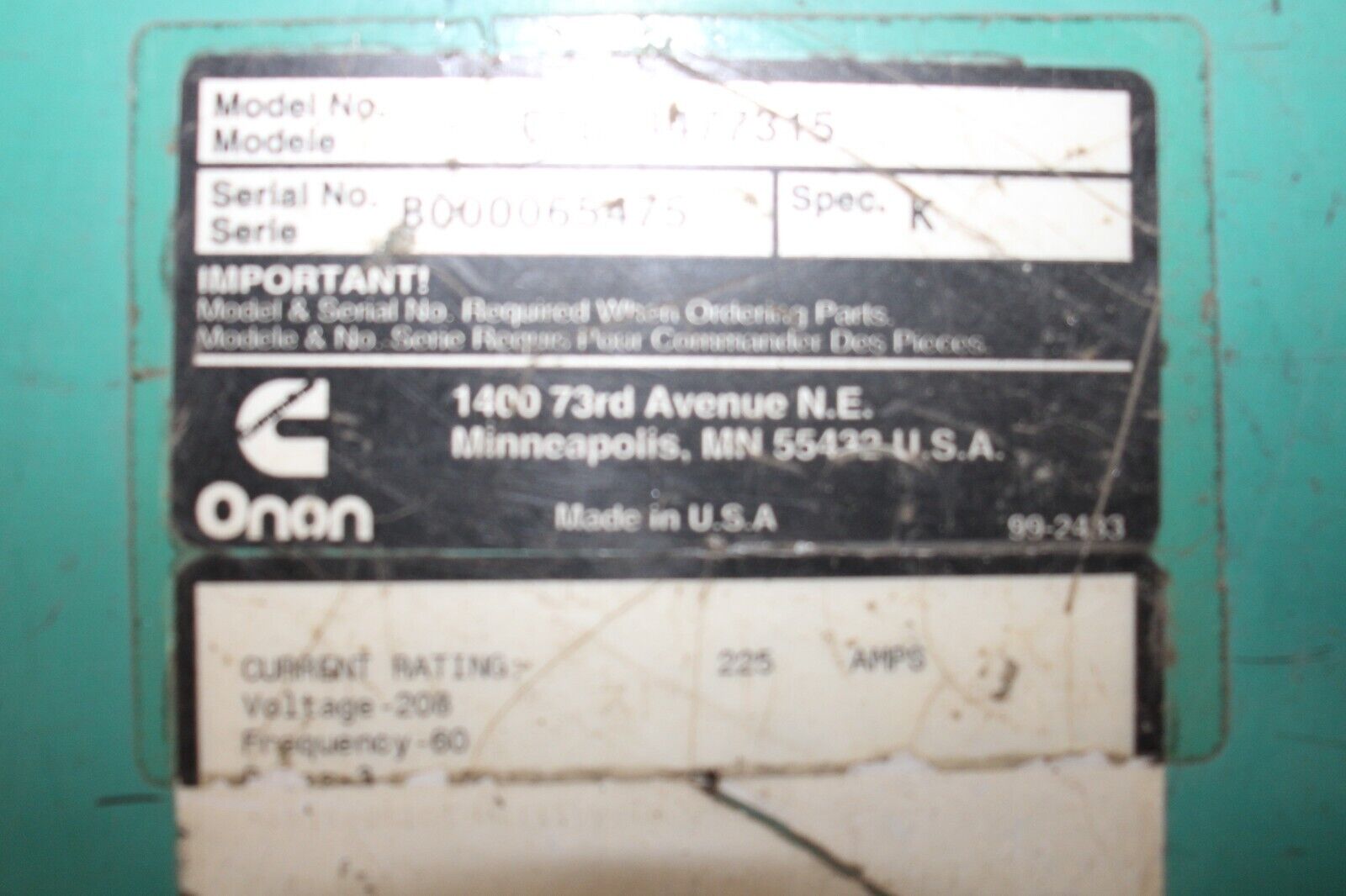 ONAN CUMMINS GENERATOR TRANSFER SWITCH OTB-4477315 - Northside Material Brokers