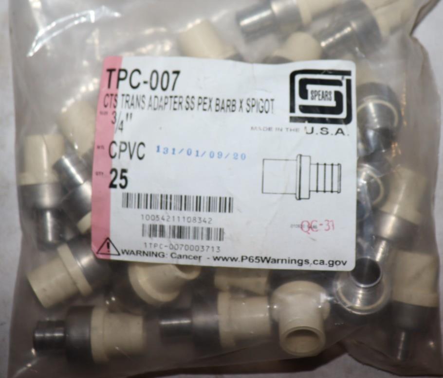 Pack of 25 - Spears TPC-007 CTS Transition Adapter SS Pex barb x Spigot 3/4" - Northside Material Brokers