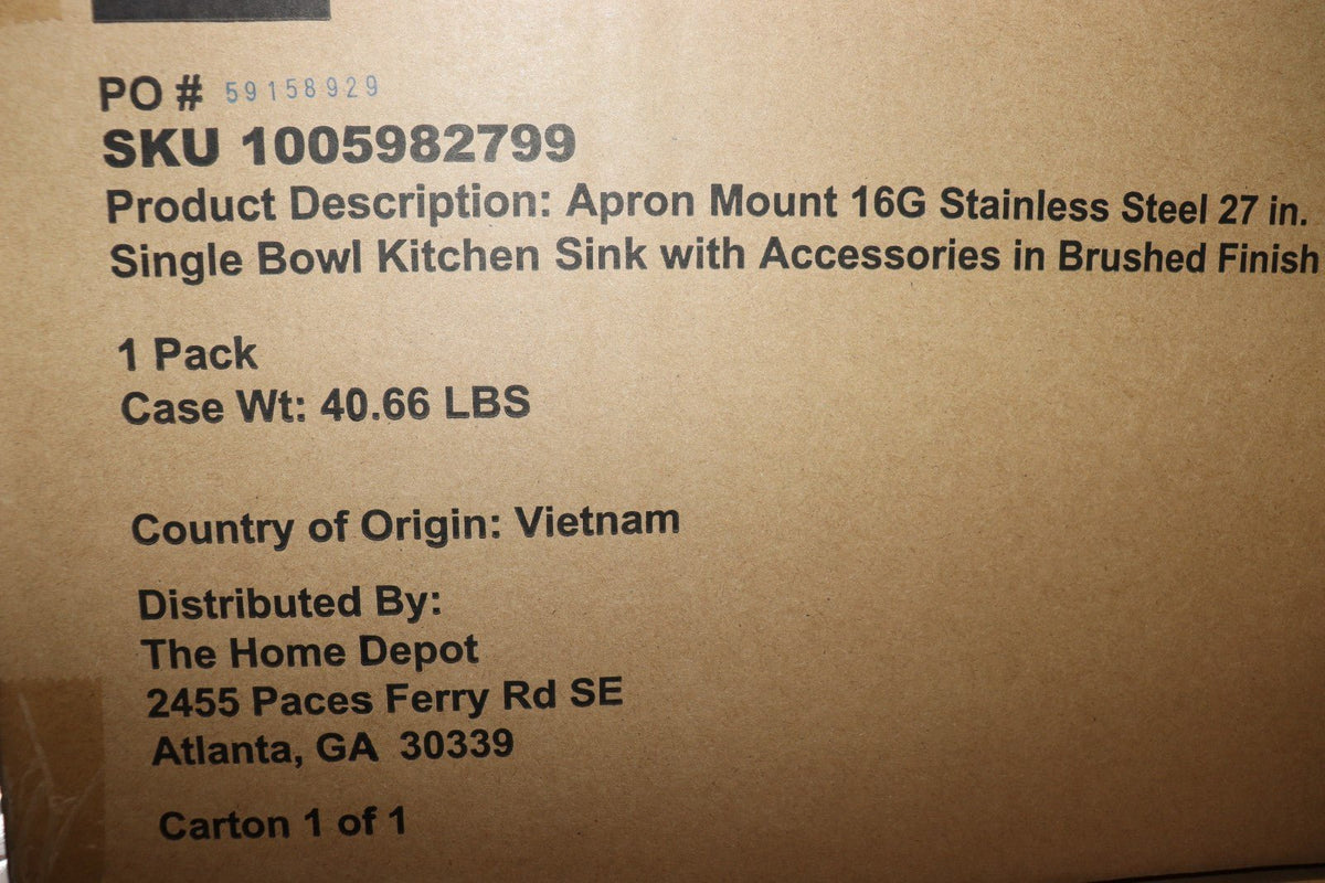 Professional 27 in. Farmhouse/Apron-Front Single Bowl 16 Gauge Stainless Steel - Northside Material Brokers