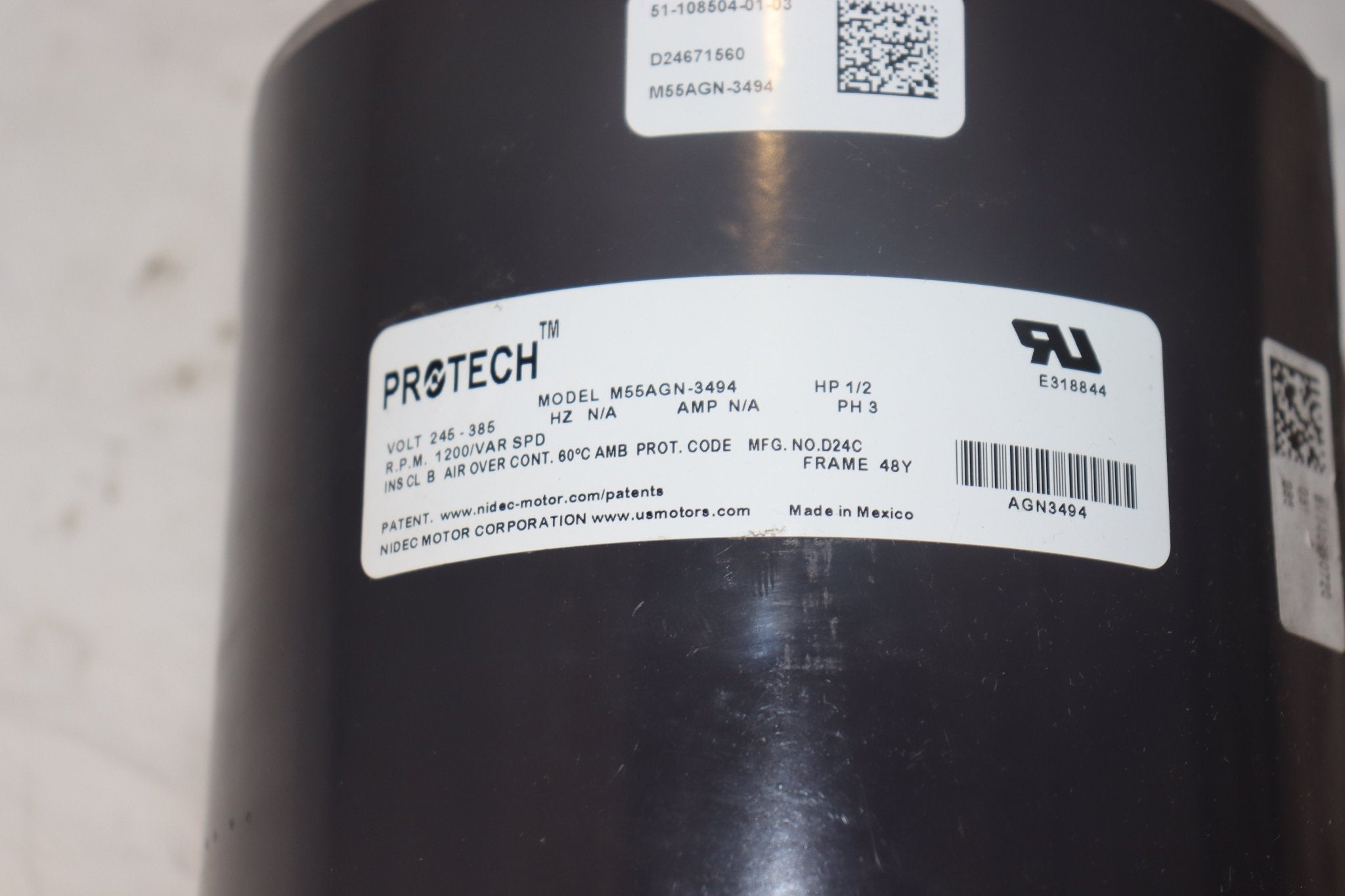 ProTech M55AGN-3494 Condenser Motor 245-385V 1/2HP 1200/VAR SPD - Northside Material Brokers