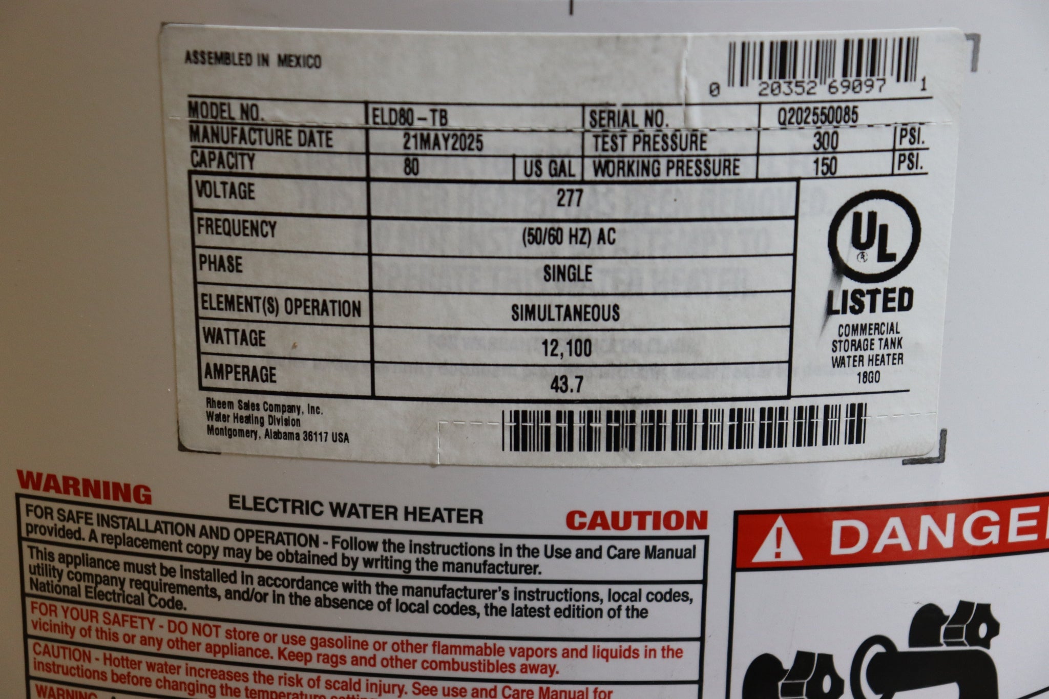 Rheem 80 Gal. 277-Volt 12 kW Multi Phase Field Convertible Commercial Electric Water Heater - Northside Material Brokers