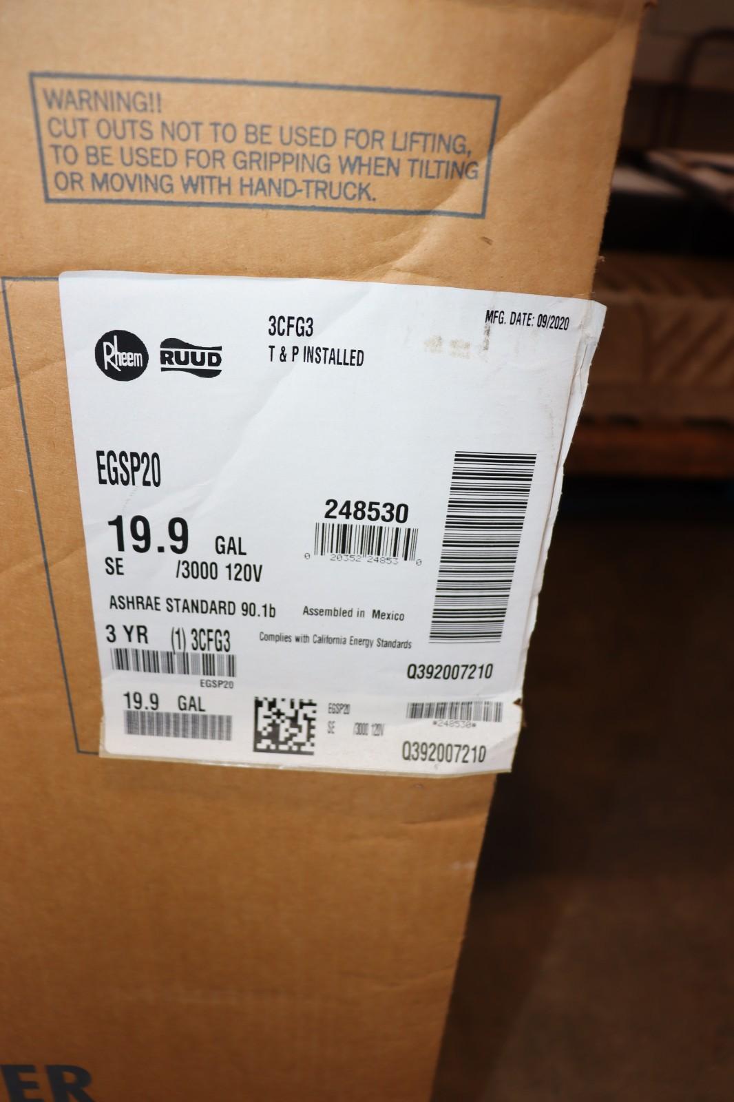 Rheem-Ruud Egsp20 120V 19.9 Gal, 120V, 25 A Amps, Commercial Electric Water - Northside Material Brokers