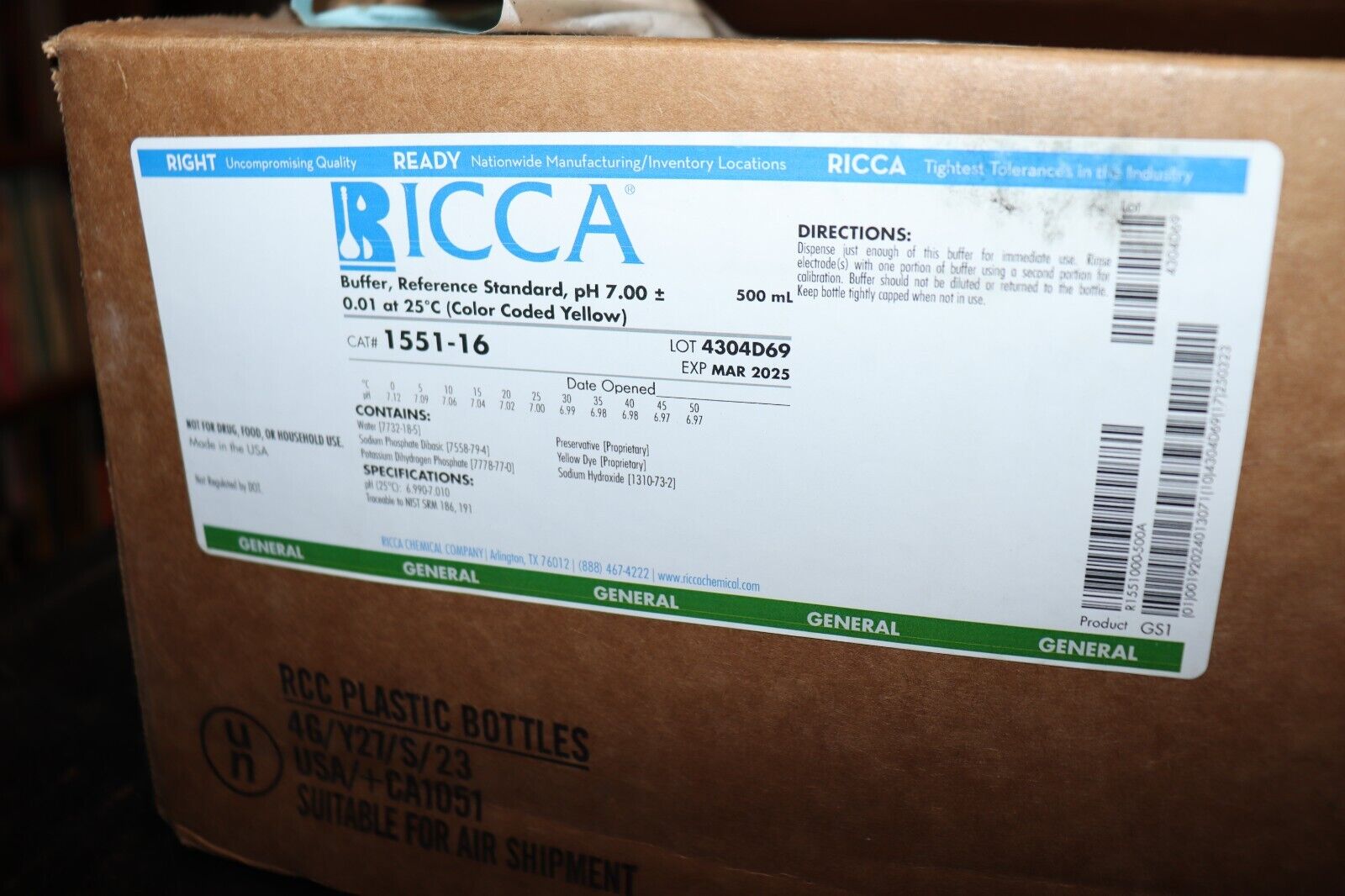Ricca Chemical 1551-16, Reference Buffer: pH 7.00 +/-0.01 @ 25°C, Yellow, 500mL - Northside Material Brokers