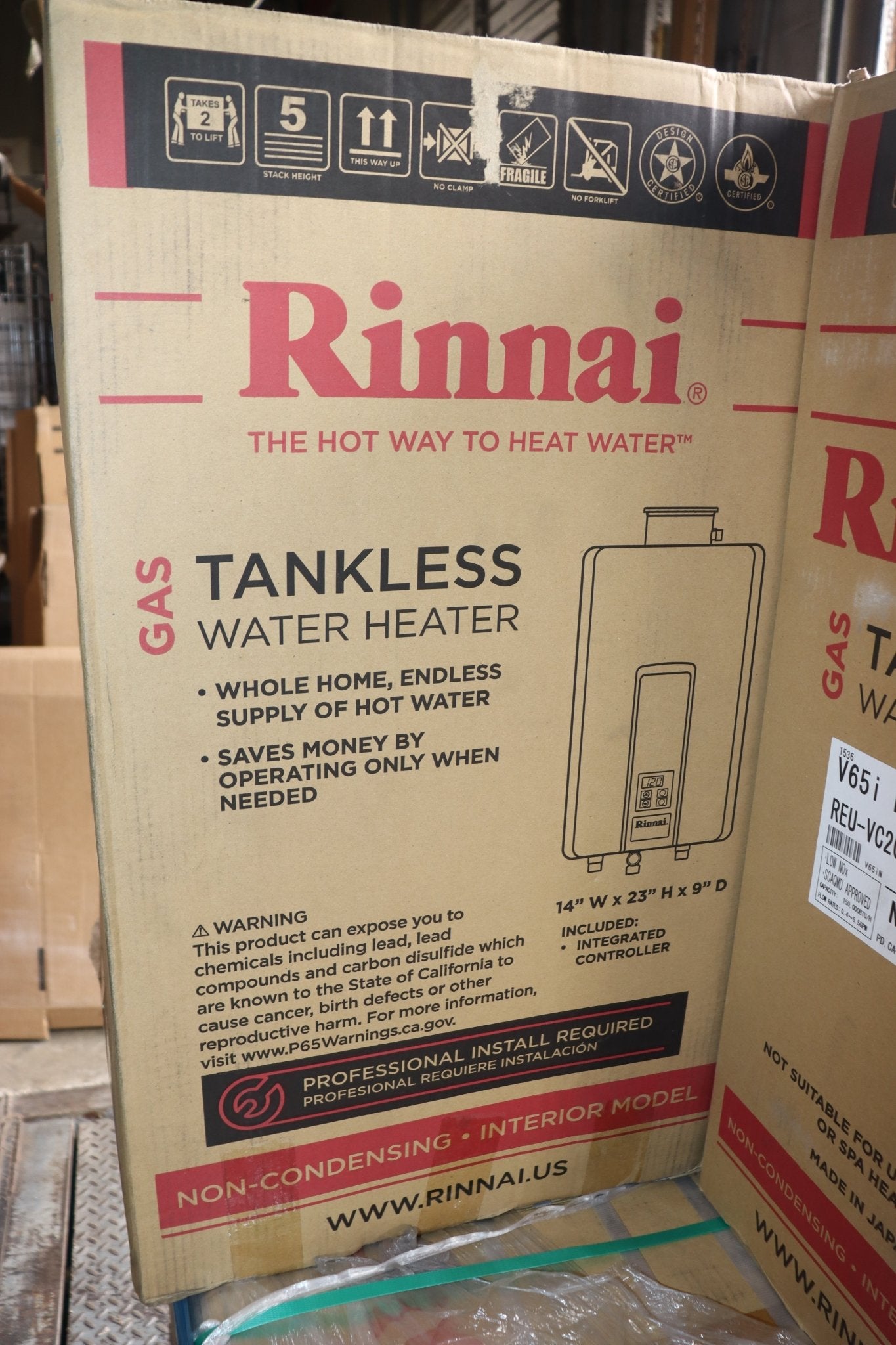 Rinnai V65iN Natural Gas Tankless Water Heater 6.5 GPM Indoor, 150K BTU/h, Wi-Fi Capable - Northside Material Brokers