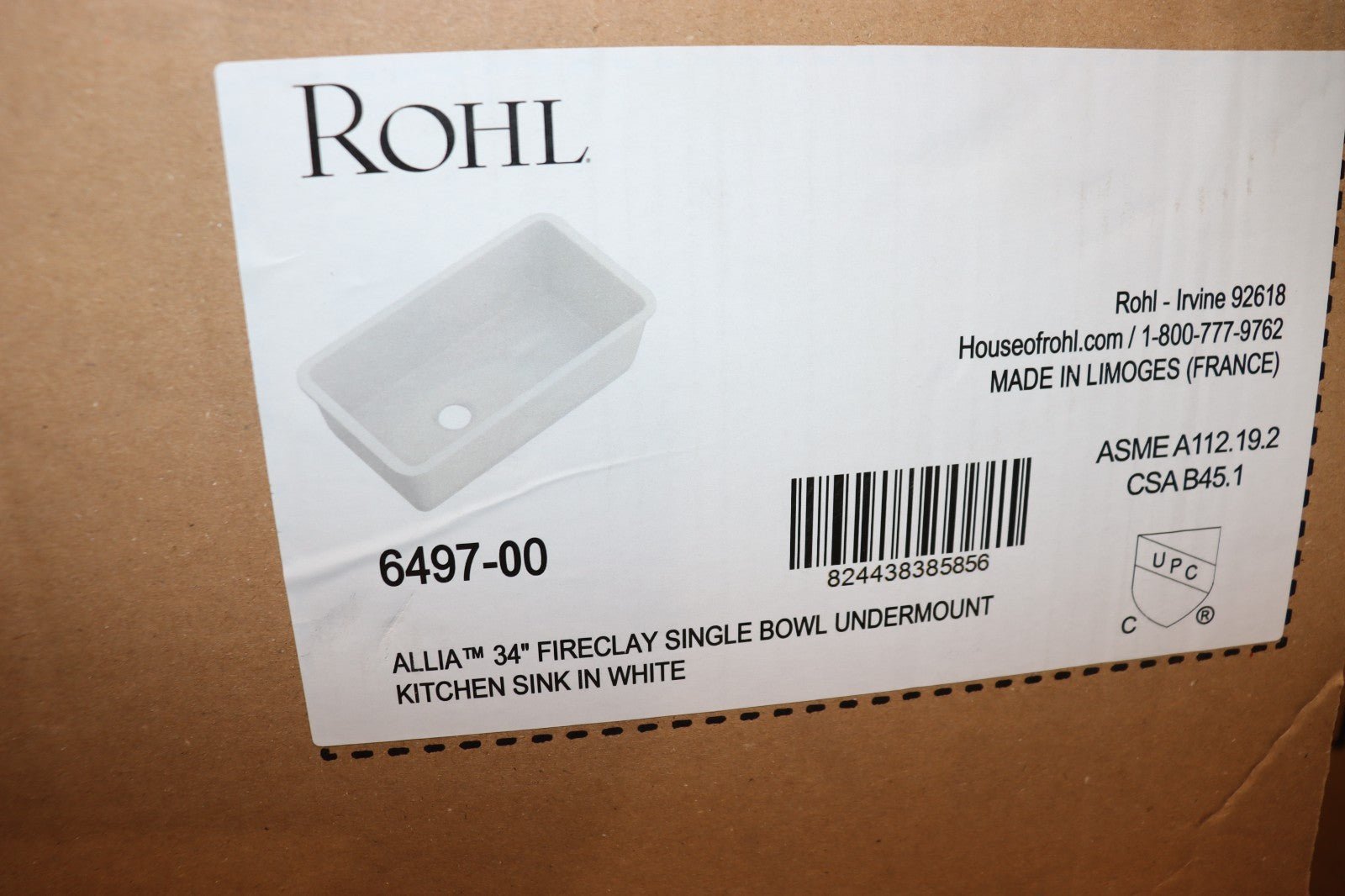 Rohl Allia 34" White Undermount Single Basin Fireclay Kitchen Sink 6497-00, NOB - Northside Material Brokers