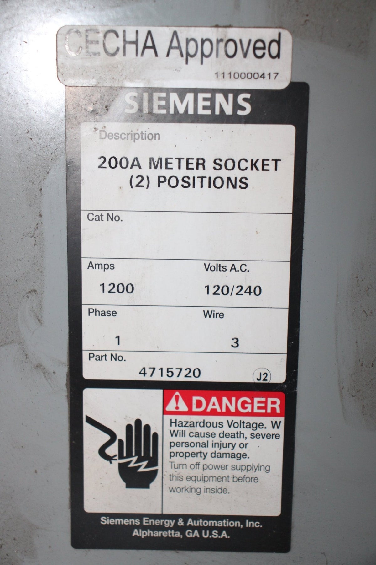 Siemens WMM2200U 120/240 VAC 200 Amp 1-Phase 100 kA 3-Wire 2-Position Ring Meter Stack - Northside Material Brokers